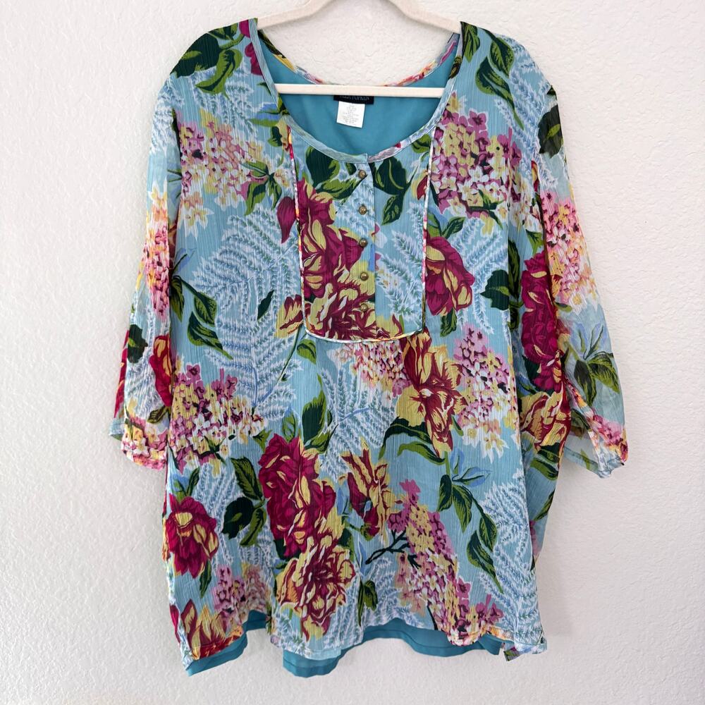 Ulla Popken Womens Blouse Top Sz 24/28 Floral Flowy Feminine Classic Office Blue